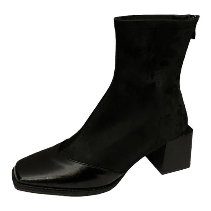 Модные женские зимние ботильоны с квадратным носком, на среднем каблуке, туфли-лодочки, дизайнерские массивные кожаные челси, зимний тренд 2024, готическая женская обувь