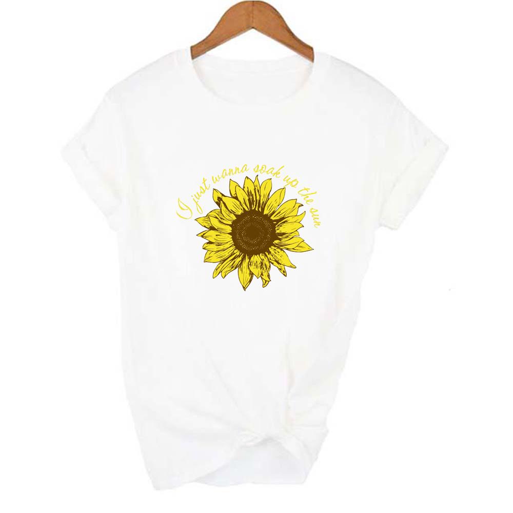 Yellow Sunflower Women T Shirt Short Sleeve Summer Tshirt Femme I Just Wanna Soak Up The