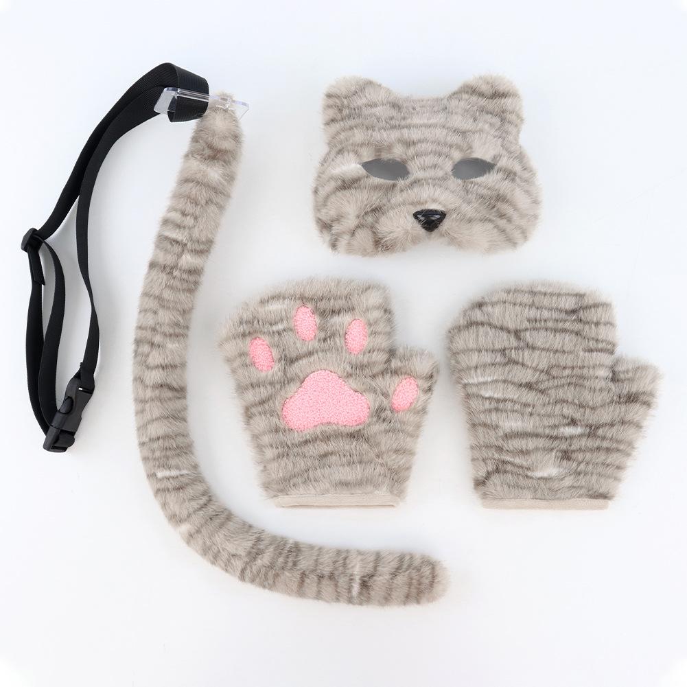 Halloween simulation cat mask, plush tail gloves handmade three-piece party cosplay props accessories