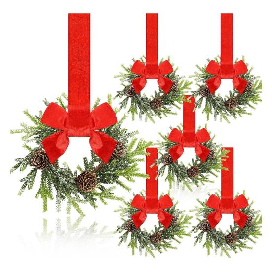 Мини Рождественский Венок с Бантом из Красного Бархата Декор Дверцы Шкафа для Кухни Окна Фермерского Дома Входной Двери Стены Камина Ягодная Гирлянда