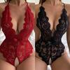 Красное сексуальное нижнее белье без ластовицы для женщин, кружевной полый комплект бюстгальтера, эротический костюм, платье-тедди, куколка, глубокий V, открытый бюстгальтер, комплект нижнего белья с бантом