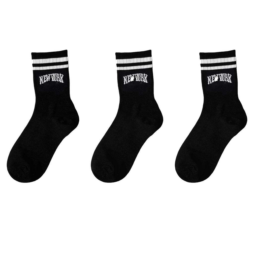 3/5/10 Pairs Women's Crew Socks, Black with "New York" Lettering and Stripes, Comfortable, Breathable, Moisture-Wicking, College