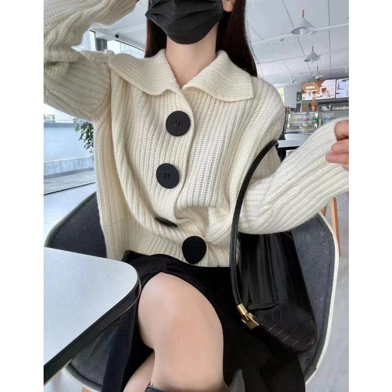 Осенне-зимний женский длинный рукав свободный модный вязаный кардиган с большими пуговицами и лацканами свитер