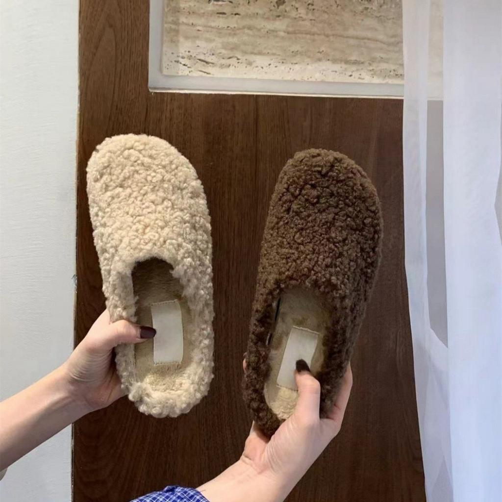 Пушистые туфли на толстой подошве, тапочки, женская обувь, верхняя одежда 2024 года, бархатная домашняя сумка, полуподдержка головы, одиночные туфли