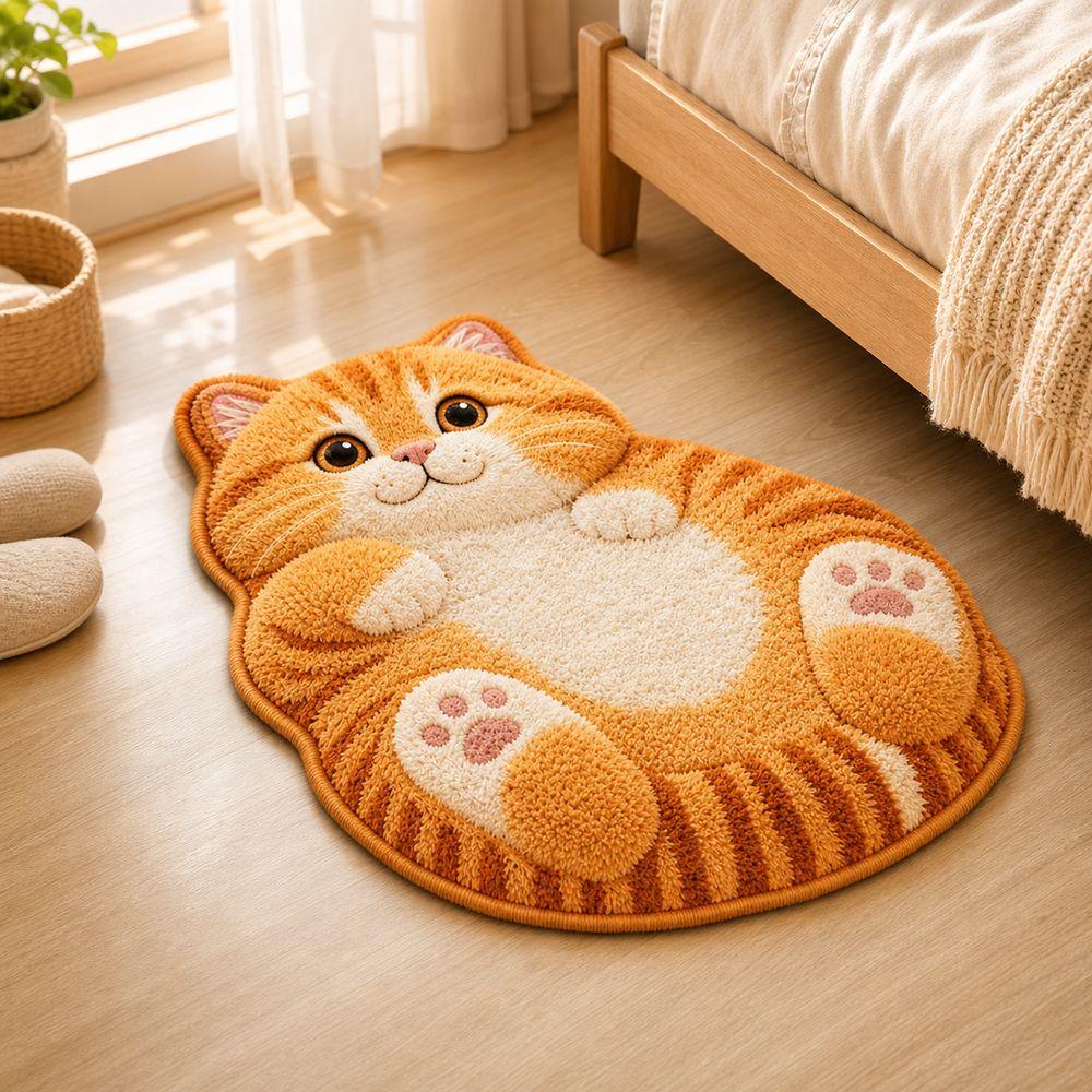 Cat-Shaped Cartoon Cat Rug Non-Slip Backing Entrance Door Mat Cute Bedside Rug Living Room Decor