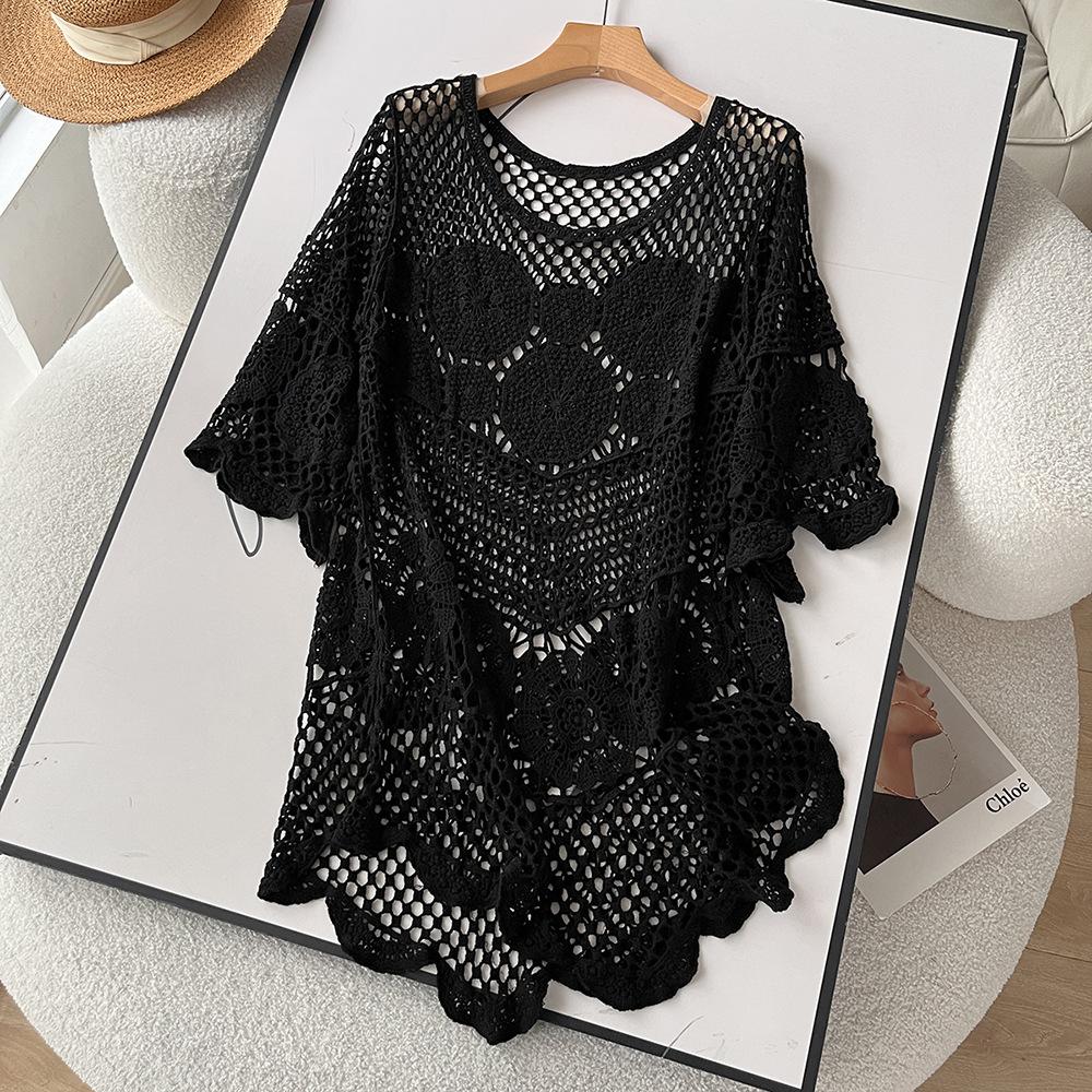 Dimanaf Новинка 2024 года, женская трикотажная кружевная Длинная пляжная праздничная футболка с v-образным вырезом и полой летучей мышью, летние стильные базовые топы, футболки, свободная одежда