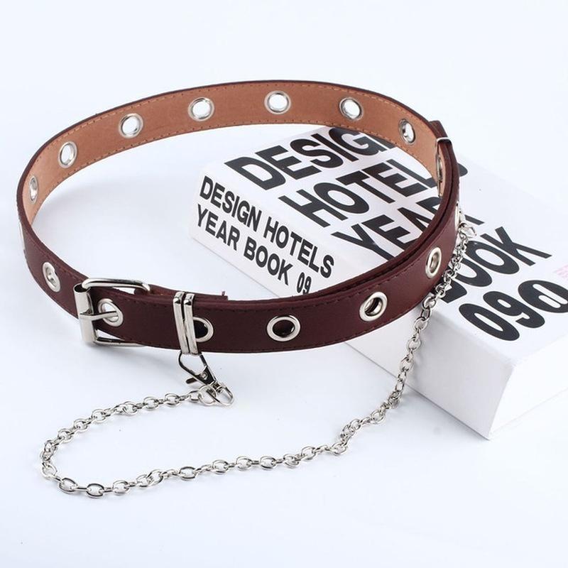 Women Punk Chain Belt Adjustable Black Double/Single Eyelet Grommet Metal Buckle Leather Waistband for Jeans