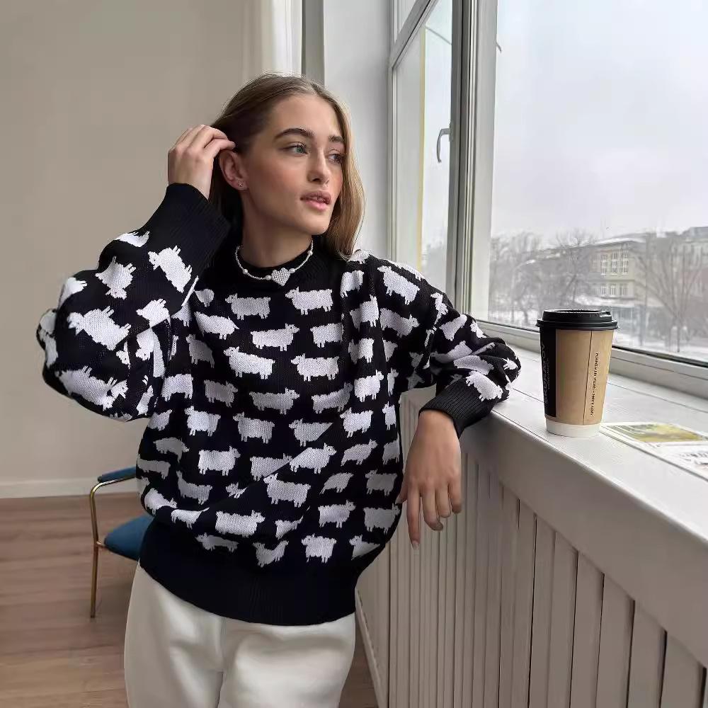 Fall and Winter Women's Round Neck Pullover Alpaca Jacquard Sweater New Loose Casual Knit Sweater Tops
