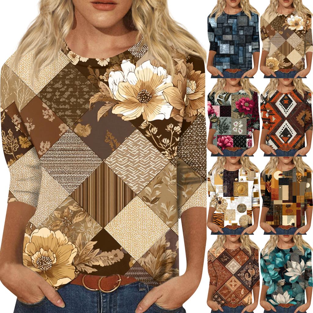 Женская модная повседневная футболка с круглым вырезом и рукавом три четверти, в стиле ретро, с цветочным принтом