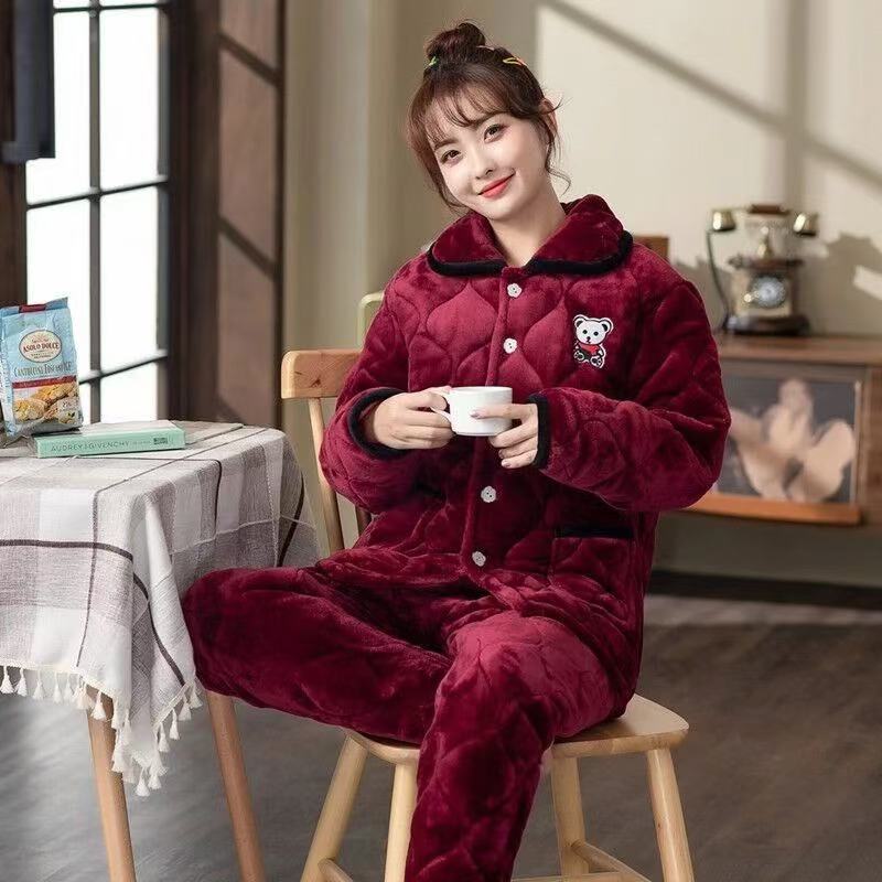Зимняя стеганая пижама трехслойная утолщенная коралловый флис домашняя одежда женский комплект пижамы большого размера