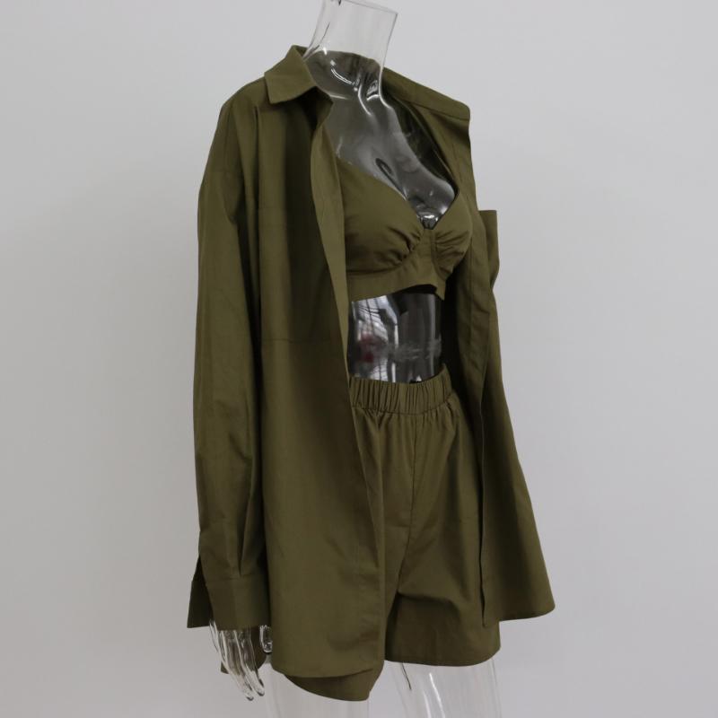 Рубашка с шортами, женский повседневный свободный кардиган с длинным рукавом, пижамный комплект из 3 предметов, осенний винтажный элегантный шикарный классический базовый пижамный комплект, домашняя одежда