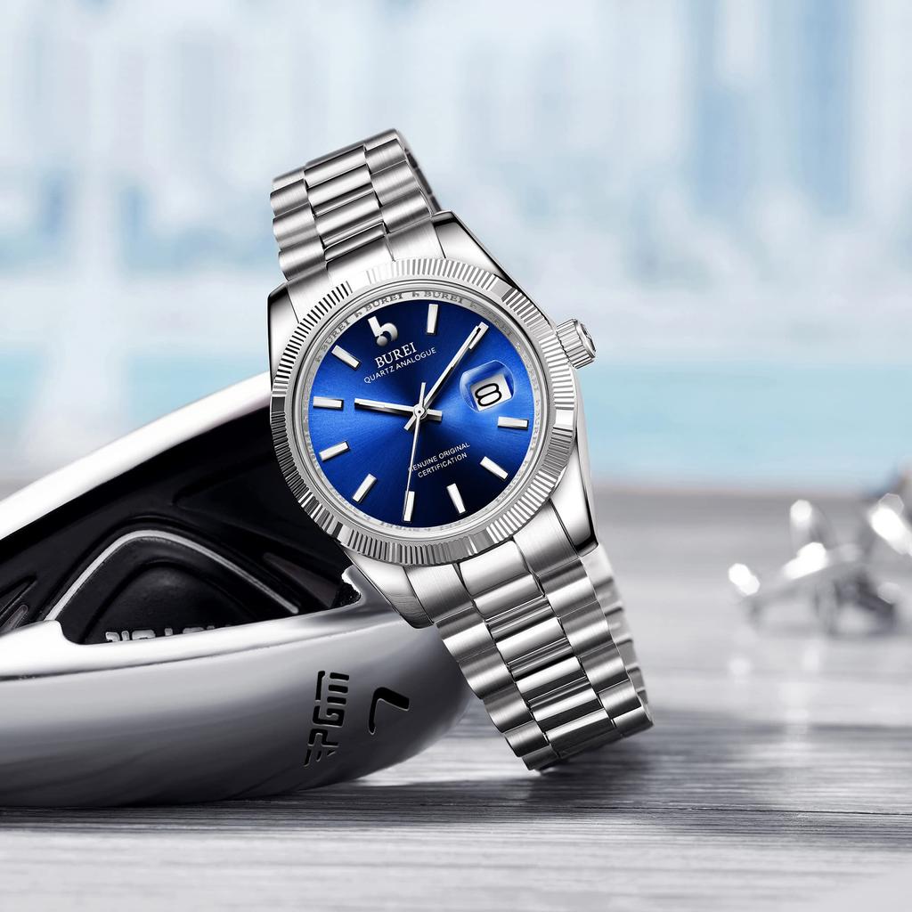 Часы водонепроницаемые брендовые кварцевые аналоговые часы простые популярные деловые модные серебристо-синие светящиеся часы подарок на день рождения [BUREI] мужские