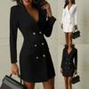 Офисный женский двубортный пиджак с V-образным вырезом и длинными рукавами, облегающее мини-платье