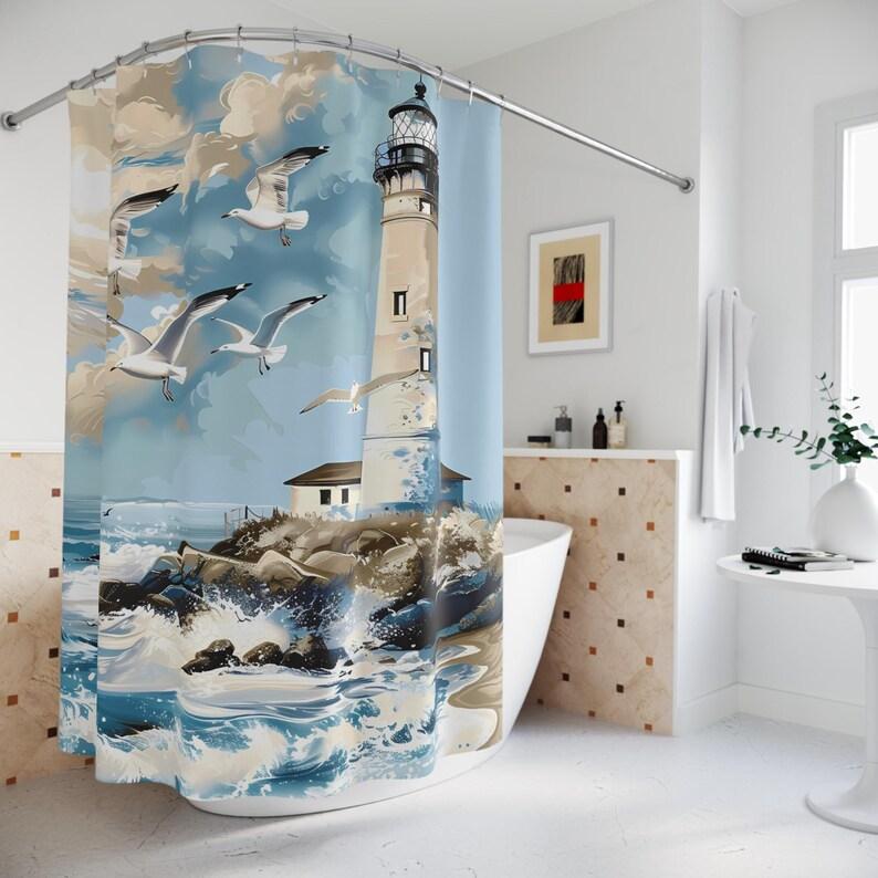 Lighthouse Shower Curtain, Nautical Shower Curtain, Lighthouse on the Beach Shower Curtain for Bathtub