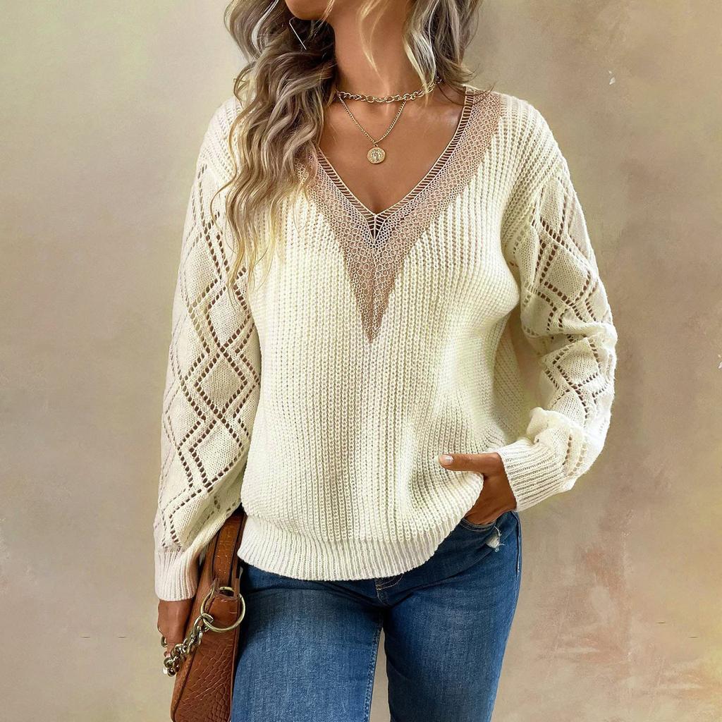 Женская мода, повседневный полый кружевной пуловер с v-образным вырезом, однотонный свободный легкий топ с длинными рукавами, вязаный свитер