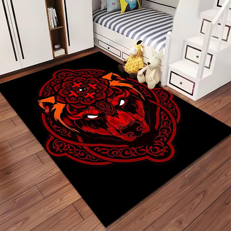 "Red Wolf Head Pattern Carpet with Mandala Design on Black Background" Suitable for use as an anti-slip for living room bedroom sofas