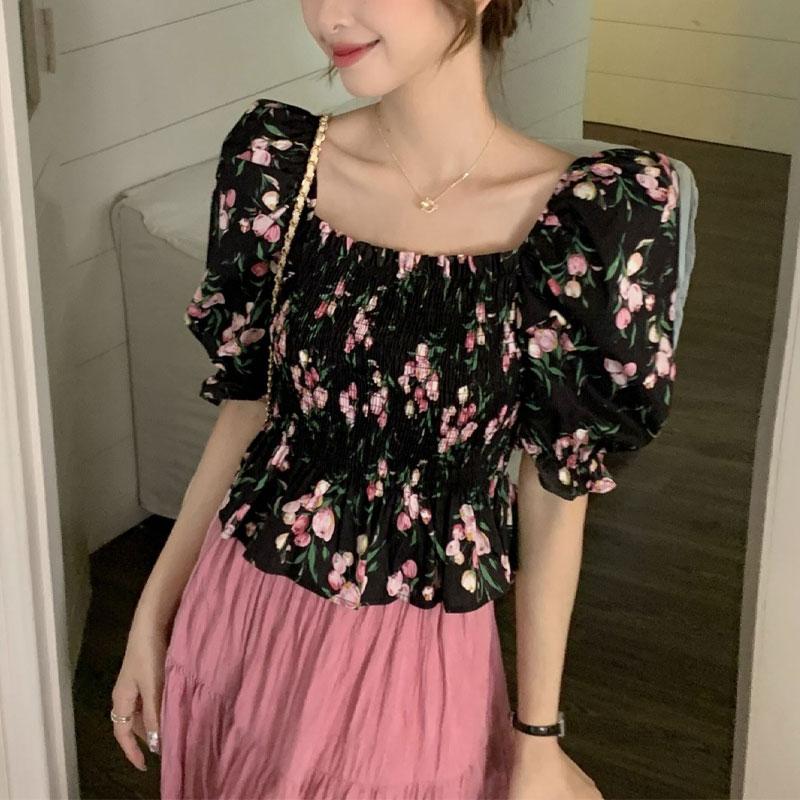 Сломанная блузка французский стиль рукав-буф фонарик лето новая милая вырез лодочкой стильная сборка приталенная винтажная рубашка