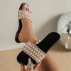 Summer New Large Size Flat-bottomed Pearl One-word Cool Slippers Round Head Dew Rhinestone Women's Sandals Slipprs