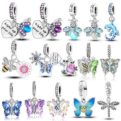 Стерлингового серебра 925 пробы, светящиеся подвески в виде светлячка и бабочки, подходят модные оригинальные браслеты, бусины в виде насекомых, стрекозы, пчелы, DIY ювелирных изделий