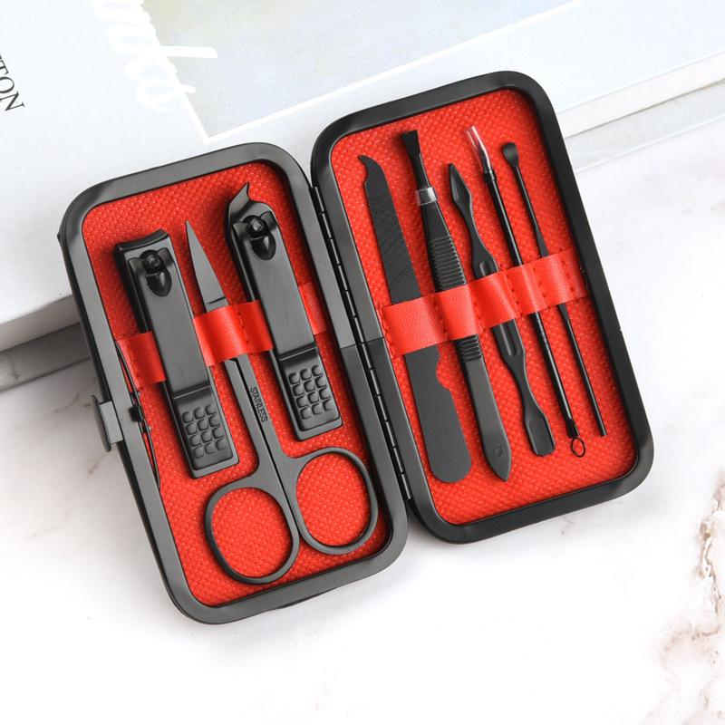 Машинка для стрижки ногтей из нержавеющей стали, триммер, набор для ухода за ушами, маникюрные ножницы, педикюр, пинцет, набор инструментов для ногтей с черным кожаным дорожным футляром