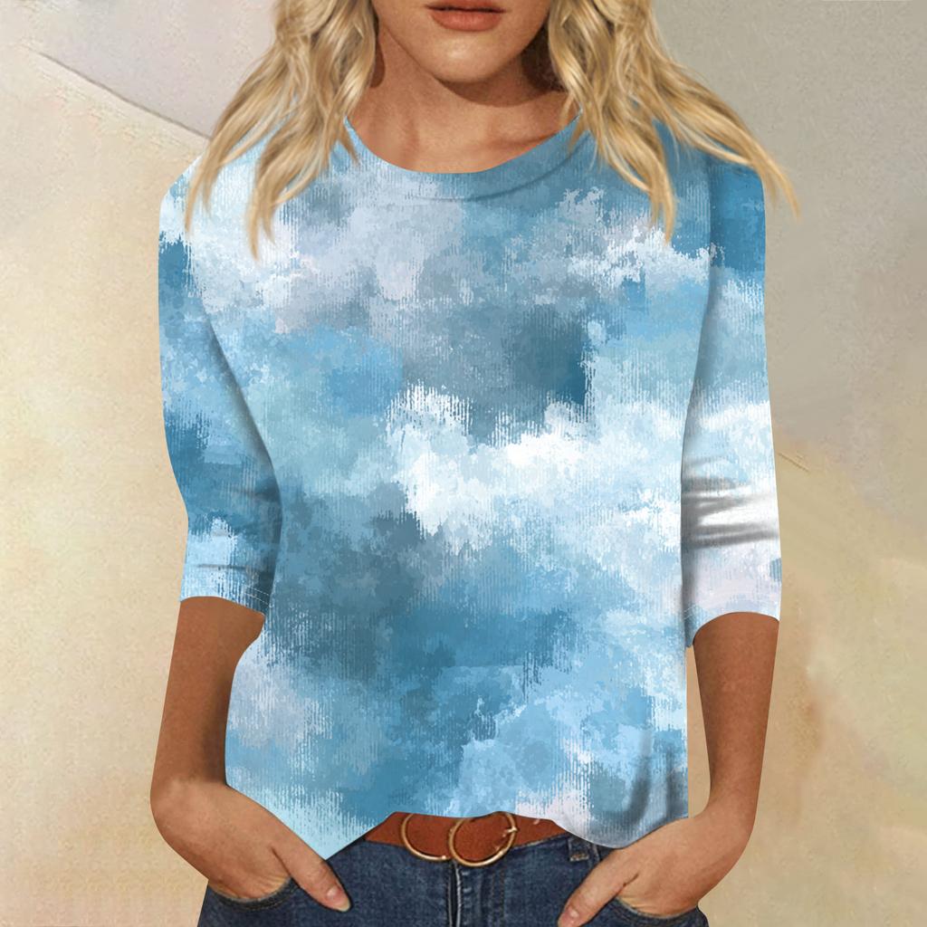 Women's Fashion Casual Round Neck Three-quarter Sleeve Gradient Print T-shirt Top