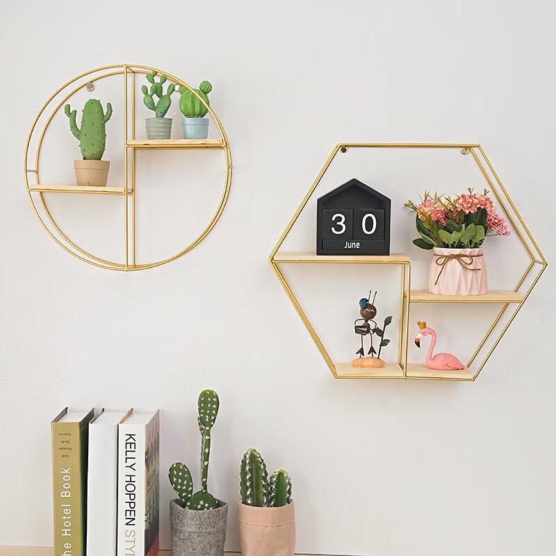Golden Double Hexagonal Wall Shelf