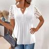 Summer T-shirt Fashion Women's Lace Lace Sleeves T-shirts Crimp Loose Solid Color Casual Printed Button Short Sleeve Tops