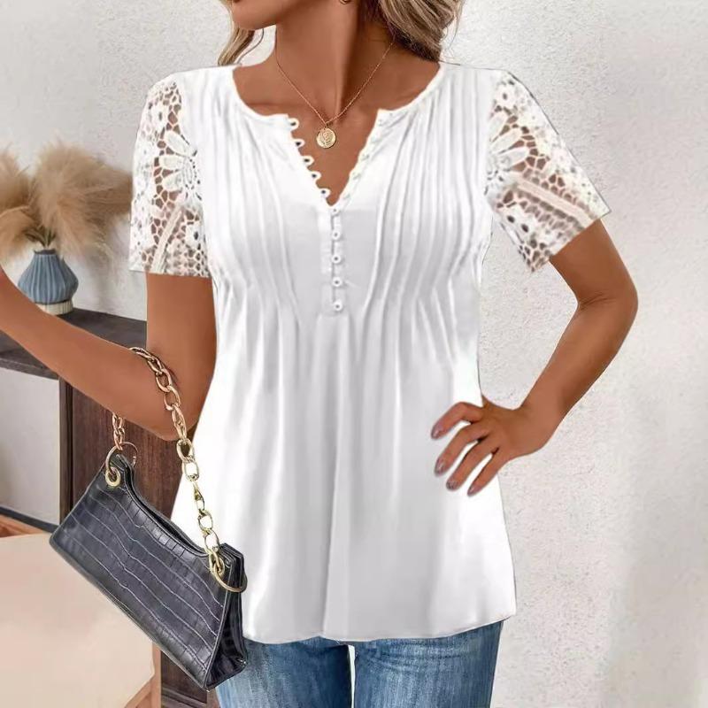 Summer T-shirt Fashion Women's Lace Lace Sleeves T-shirts Crimp Loose Solid Color Casual Printed Button Short Sleeve Tops