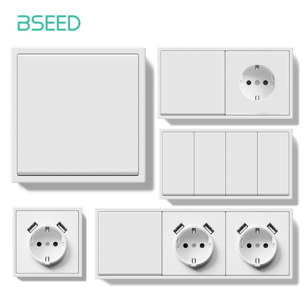 BSEED 1/2-клавишные механические выключатели света, большие кнопки, 1-полюсные, с розеткой EU, 2 порта USB для зарядки, пластиковая панель, без светодиодной подсветки, белый