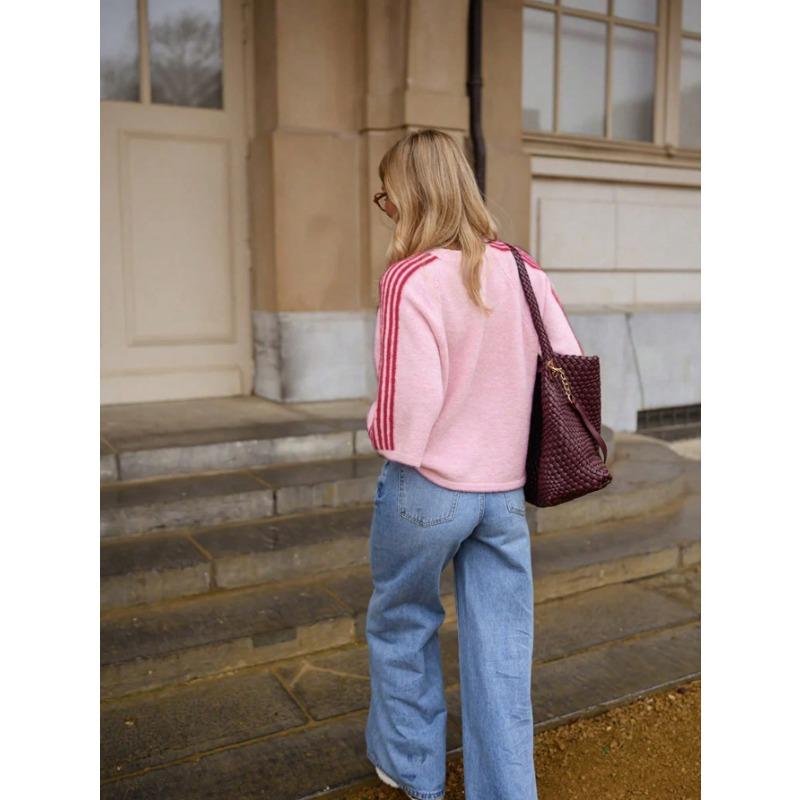 Women S Pink 3 4 Sleeve Loose Fit Crew Neck Knit Sweater