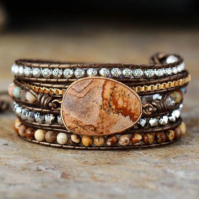 BLINGBAY женский браслет, новый натуральный камень, 5 кругов, кожаный браслет, ретро ювелирные аксессуары, современные ювелирные изделия, подарок