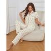 Cherry Print Textured Pajama Set Casual Short Sleeve Buttons Lapel Top & Elastic Pants Women's Sleepwear