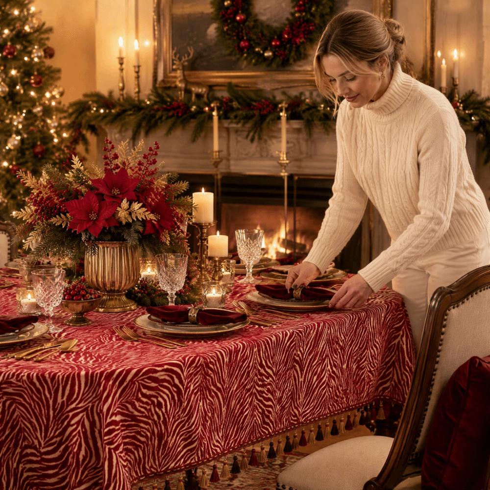 Polyester Cotton Table Cover Woven Reversible Table Cover Christmas Dining Table Cover Holiday