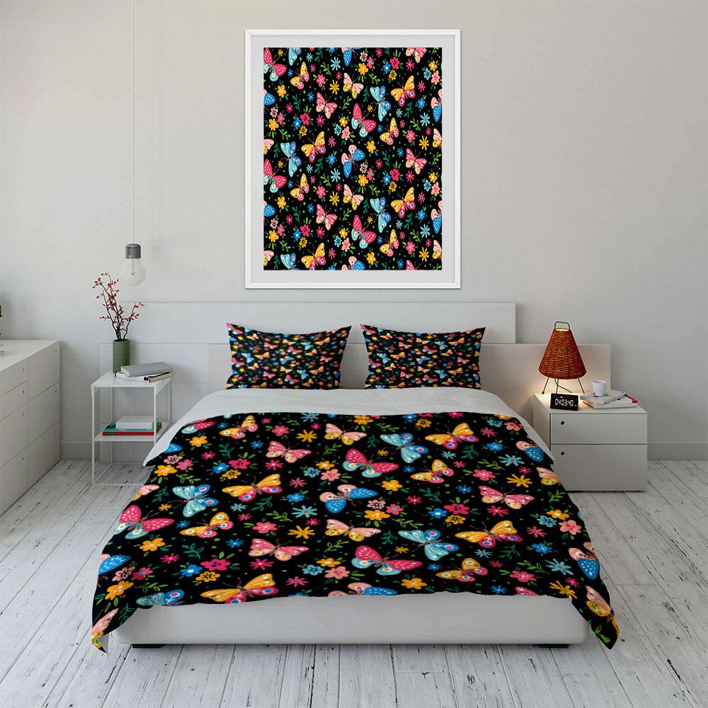 Butterflies and Floral Pattern Bedding Duvet Cover Set (1*Duvet Cover 2*Pillowcases, without duvet insert)