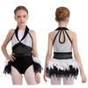 Girls Dance Costume Turn-Down Collar Sleeveless Sheer Mesh Keyhole Back Shiny Sequins Feather