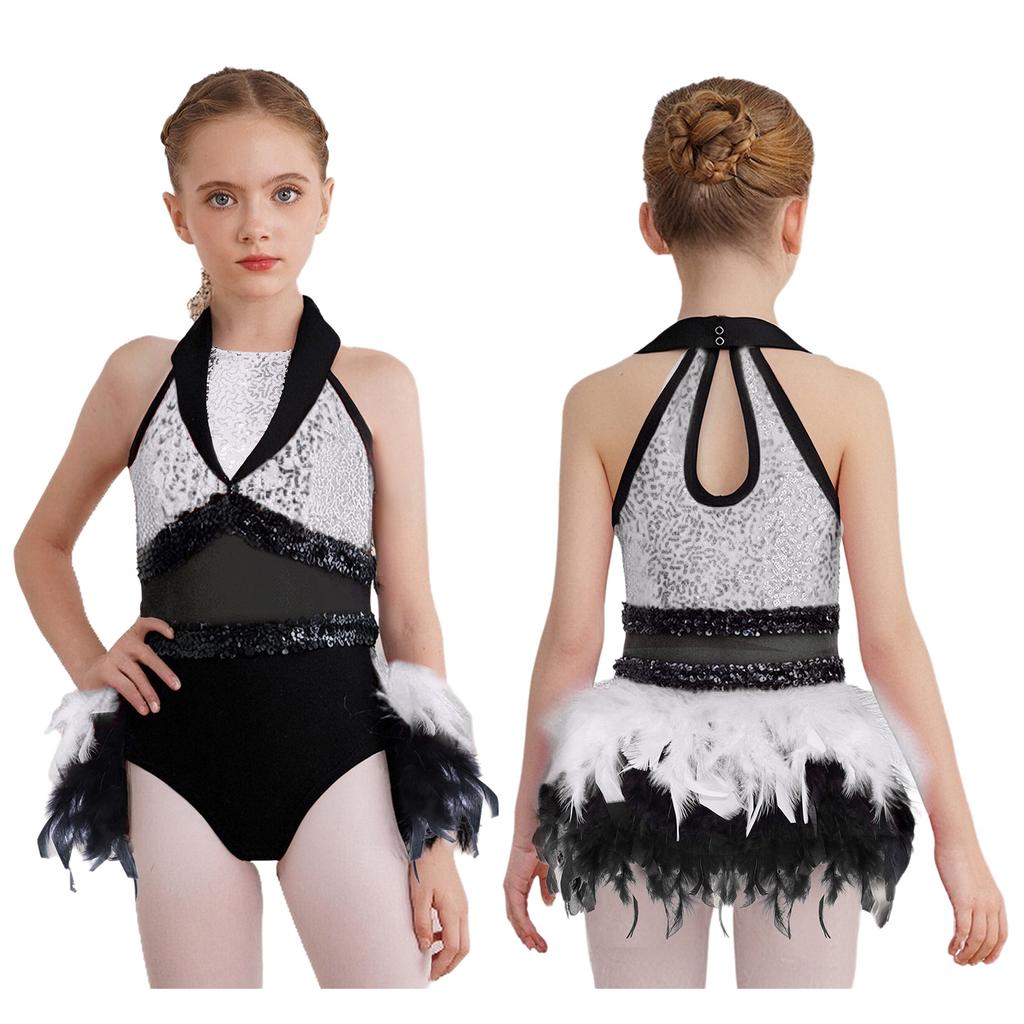 Girls Dance Costume Turn-Down Collar Sleeveless Sheer Mesh Keyhole Back Shiny Sequins Feather