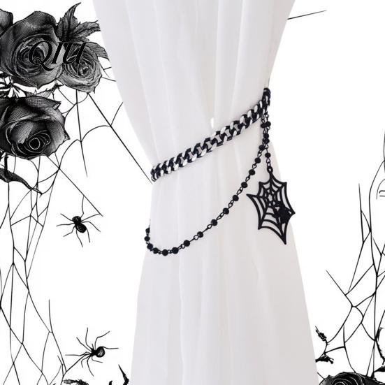 No Drill Curtain Tiebacks Halloween Cobweb Tieback, Adjustable Metal Chain Drapery Holder, Gothic Spider Room Accessories Web Holder for Home