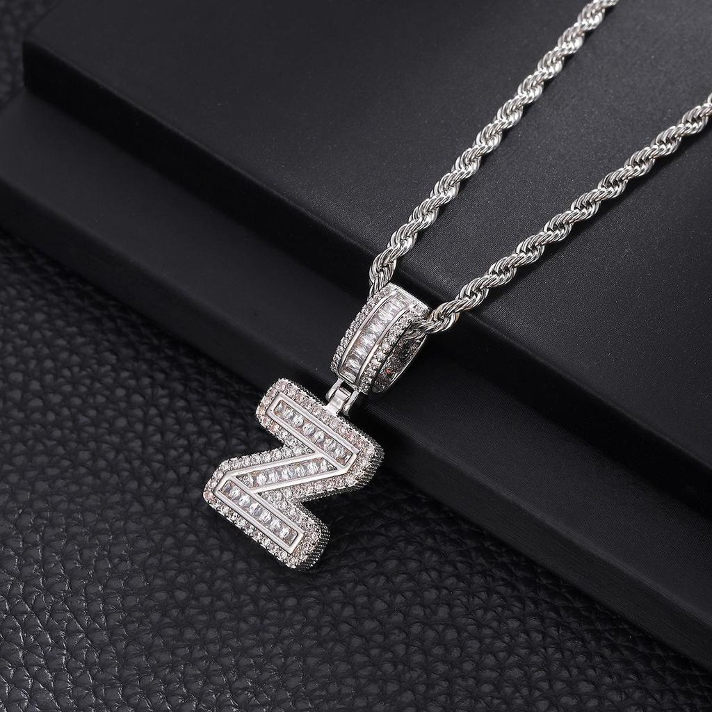 Zircon Inlaid Rock Sugar Initial Pendant Necklace - European & American Hip-Hop Style