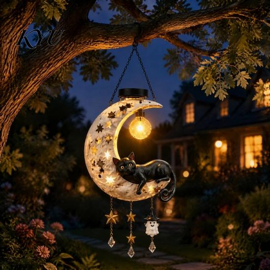 Crescent Moon Owl Solar Lanterns Owl/Cat Hanging Light, Outdoor Garden Wind Chime with LED Warm Atmosphere Lamps Waterproof Resin Decorative