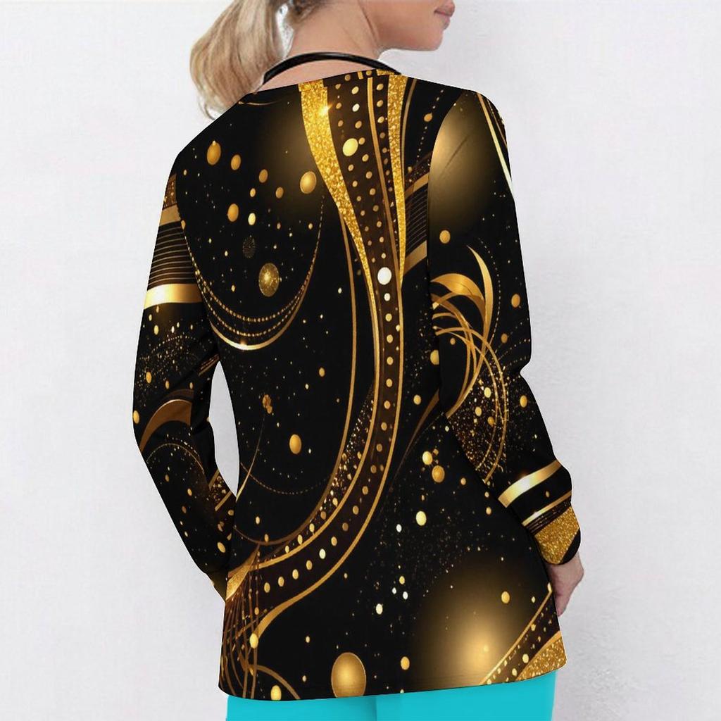 Women Plus Size Printed Nurse Scrub Top V Neck Long Sleeve With Front Pockets Black Blue Green Dotted Floral