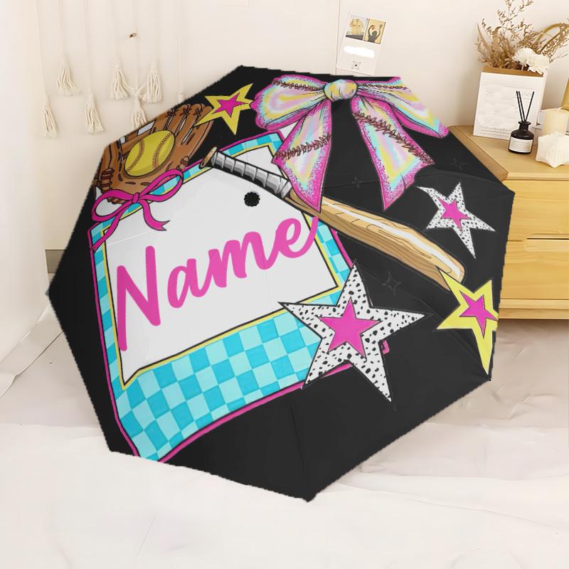 Softball Theme Customize Your Name Automatic Folding Umbrella Design With 8 Ribs Lightweight Compact Umbrella Retractable Perfect For Outdoor