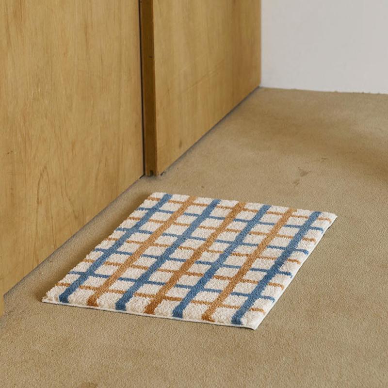 VIKAMA Summer InS-style Korean Striped Checkered Bedroom Carpet, Anti-slip and Absorbent Bathroom Floor Mat, Home Decoration