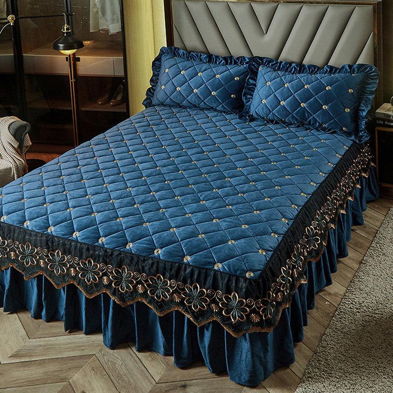 Роскошная утолщенная бархатная стеганая юбка-кровать, вышитое покрывало, мягкая короткая плюшевая простыня королевского размера, не включая наволочку