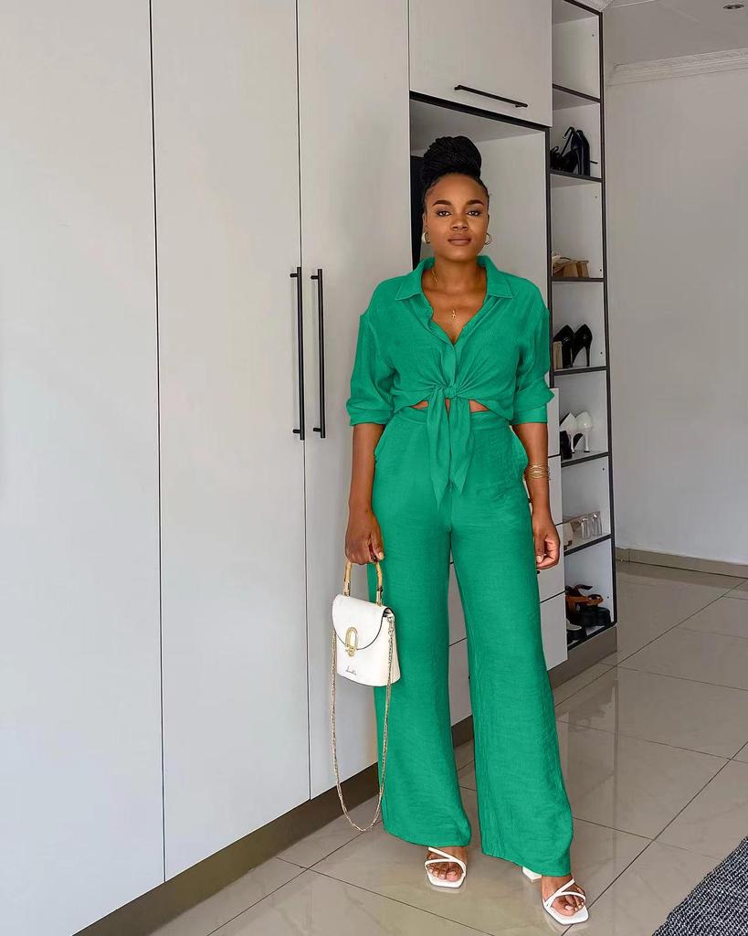 Y6020 Women's European & American Casual Two-Piece Set: Long-Sleeved Shirt & Straight Pants for Spring & Autumn 2024