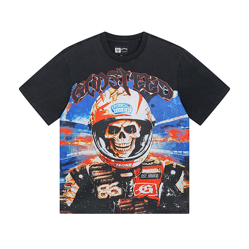 Cross-border trendy brand GS Skull Band Alphabet Printing Washing Water Short Sleeve Loose T-Shirt Men's and Women's High Street Retro Half Sleeve