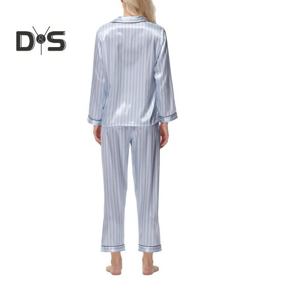 Женский комплект пижамы из 2 предметов из шелкового атласа, топ с пуговицами на лацканах и брюки, свободная рубашка в полоску и брюки с эластичным поясом, одежда для отдыха