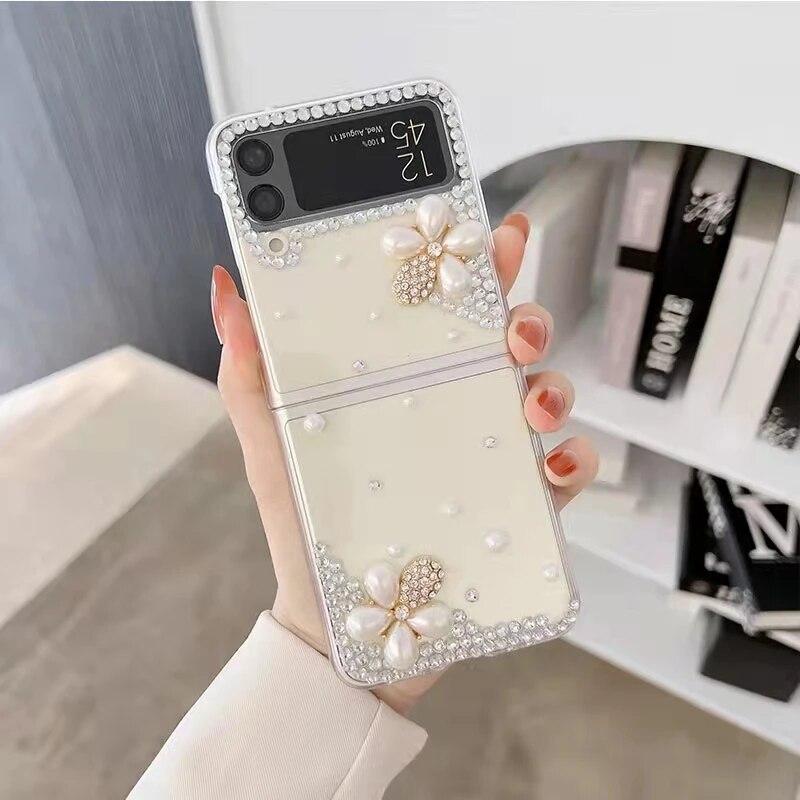 Crystal Diamond Case for Samsung Galaxy Z Flip 5 4 3 5G Rhinestones Pearl Crown Heart Wrist Shockproof Protection Cover