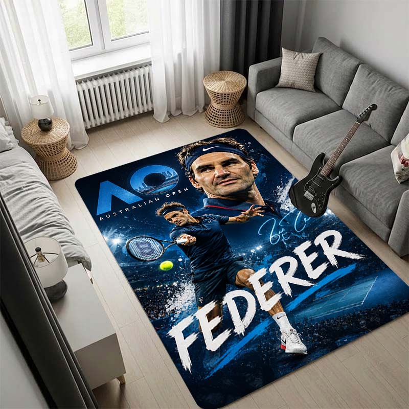 Roger Federer Photo Collage Area Rug, Non Slip Floor Mat, Tennis Star Print Carpet for Living Room Bedroom Home Decor
