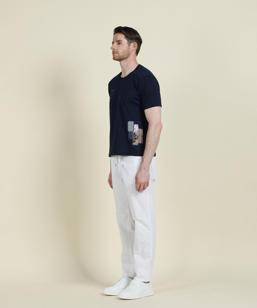 PANICALE Navy Cotton Patchwork Logo T-Shirt