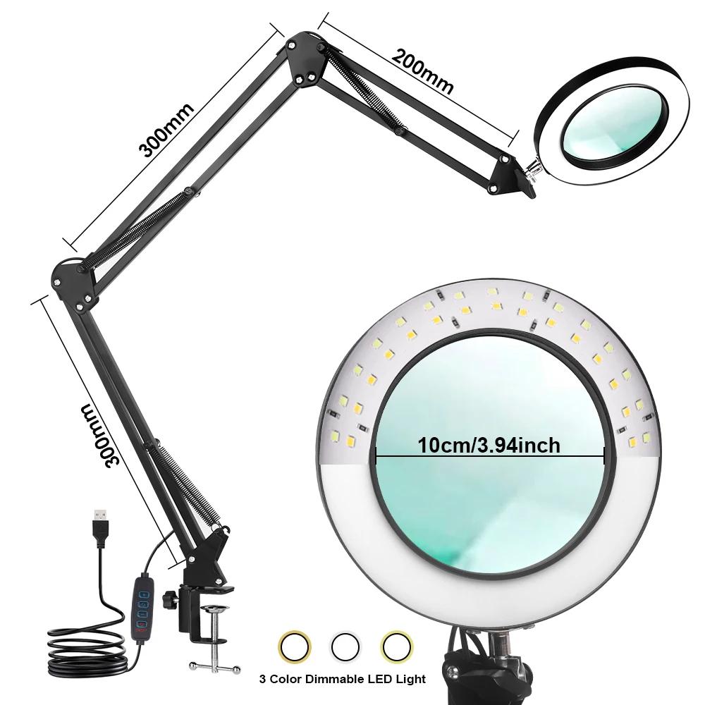 LED Magnifier Desk Lamp 8X/10X Magnification with 72LED 3-Color Light - USB Powered for Soldering Repair and Skincare Beauty